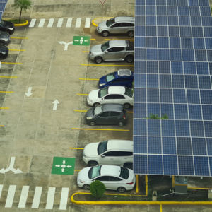 Parking with solar panel electricity system aerial drone view